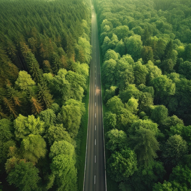 Vue aérienne de haut de drone sur une forêt verte et saine avec une route droite