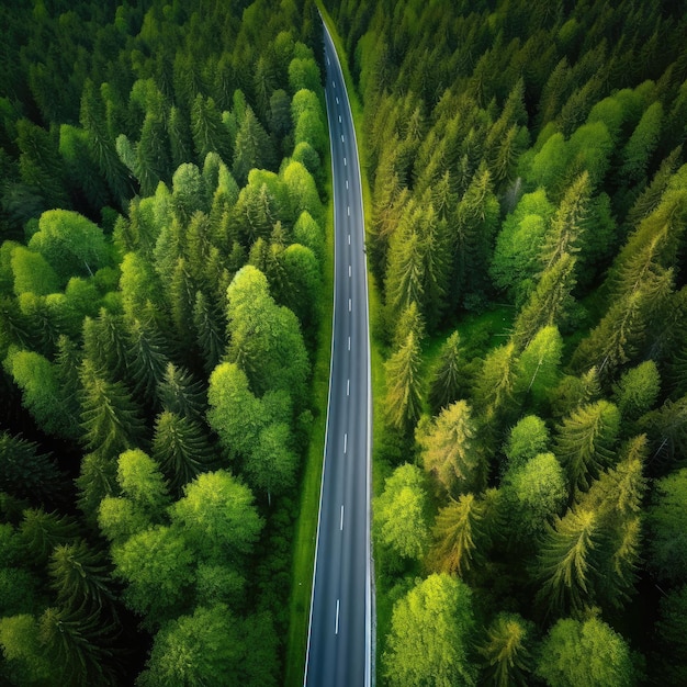 Vue aérienne de haut de drone sur une forêt verte et saine avec une route droite