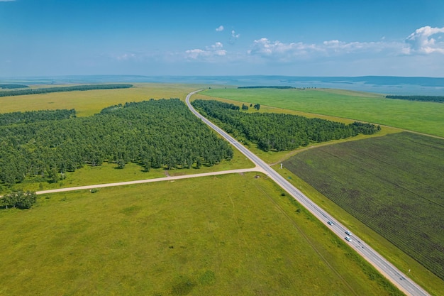 Vue aérienne d'en haut de la route de campagne à travers le champ d'été vert et la forêt