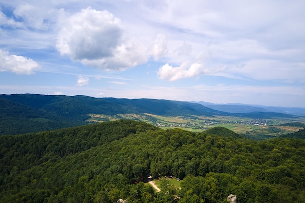 Vue aérienne de hautes collines avec des pins sombres par une belle journée d'automne Des paysages étonnants de forêts sauvages de montagne