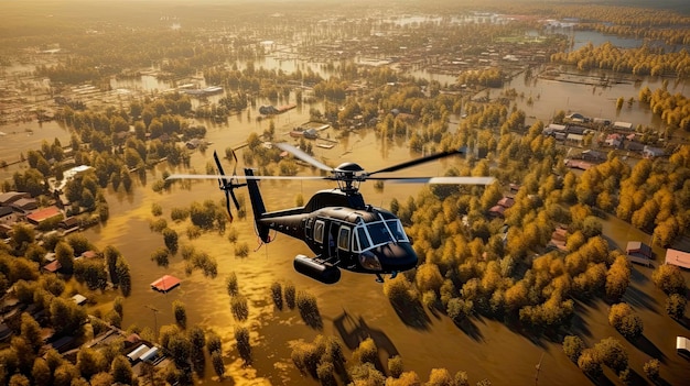 Vue aérienne d'un hélicoptère de sauvetage survolant une campagne inondée