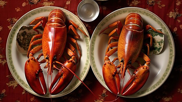 Photo vue aérienne de homards dans des assiettes sur table generative ai