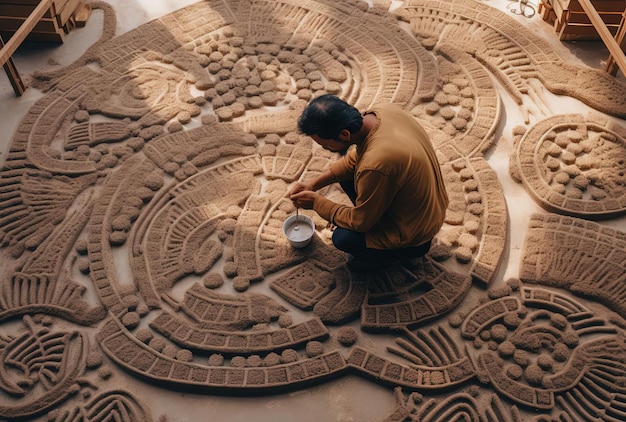 une vue aérienne d'un homme construisant un mahmud dans le style des matériaux organiques