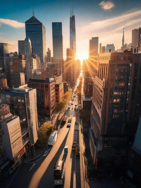 Vue aérienne de l'horizon de Chicago au coucher du soleil