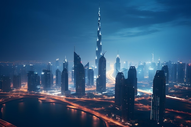 Vue aérienne de l'horizon de la ville de Dubaï la nuit Émirats arabes unis