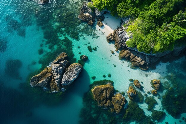Photo vue aérienne d'une île tropicale avec de petits rochers mer verte dans le style indigo clair et foncé