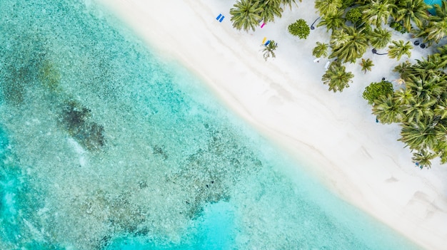 Vue aérienne de l&#39;île tropicale plage de sable blanc avec le lagon bleu ciel de la mer dans les îles Maldives