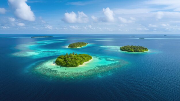 Vue aérienne d'îles tropicales avec des eaux bleues