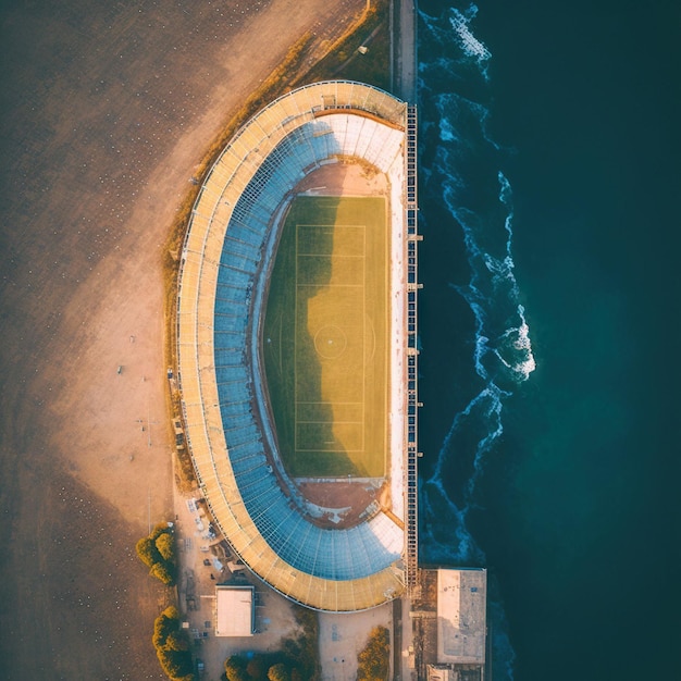 Vue aérienne d'une illustration hyperréaliste d'un stade dystopique près de l'eau