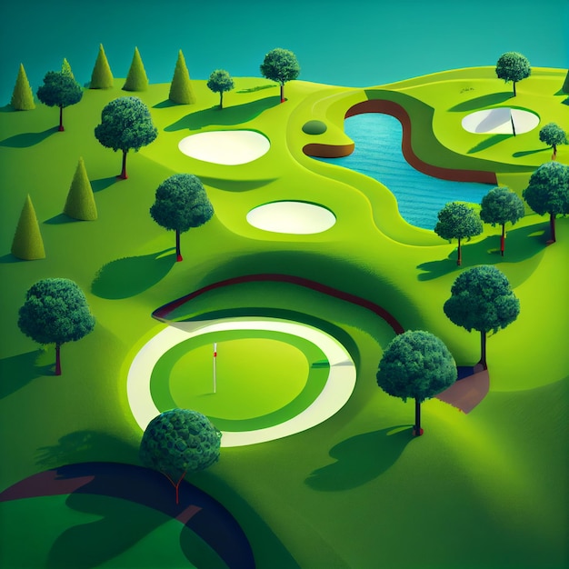 Vue aérienne de l'illustration de rendu 3d du terrain de golf