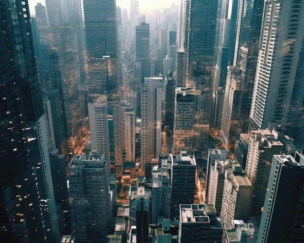 Vue aérienne d'un immense horizon de grande ville la nuit et le coucher du soleil Concept de quartier des affaires