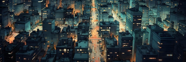 Vue aérienne des immeubles de bureaux et de la circulation au centre-ville la nuit