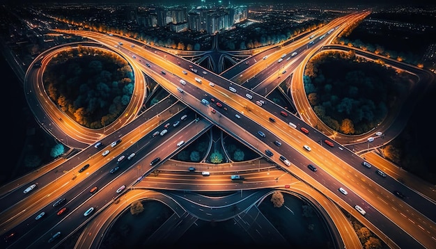 Vue aérienne de l'intersection de l'autoroute la nuit Generative AI