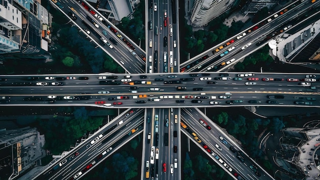 Vue aérienne d'une intersection d'autoroute très fréquentée pleine de circulation pendant la journée