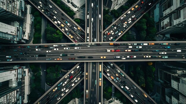 Vue aérienne d'une intersection d'autoroute très fréquentée pleine de circulation pendant la journée