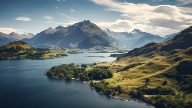 Vue aérienne d'un lac et d'un paysage montagneux