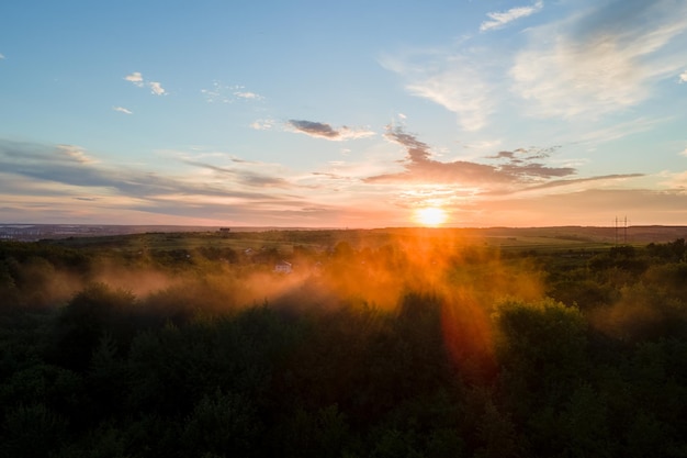 Vue aérienne d'un léger brouillard couvrant les arbres forestiers sombres au coucher du soleil chaud