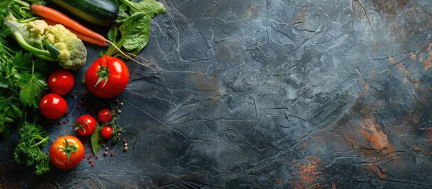 Vue aérienne de légumes biologiques vibrants dans la cuisine sur un banc de travail en pierre avec de la place pour le texte