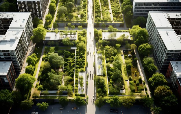 vue aérienne d'une longue rue rectangulaire au plancher vert