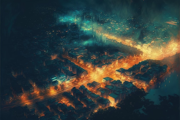 Vue aérienne des lumières animées de la ville la nuit Concept fantastique Peinture d'illustration AI générative