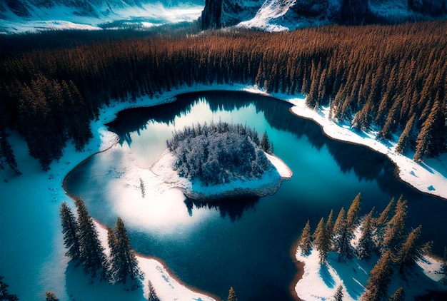 Photo vue aérienne sur le magnifique lac de montagne enneigé avec forêt paysage d'hiver generative ai