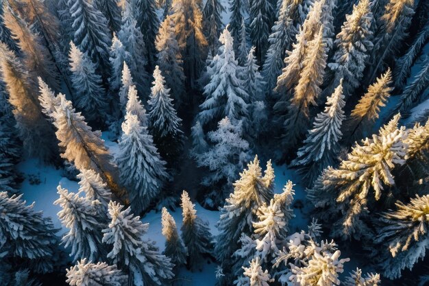 Vue aérienne d'un magnifique paysage hivernal avec des sapins couverts de neige