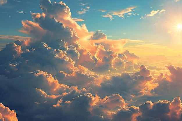 Vue aérienne d'un magnifique paysage nuageux au coucher du soleil.