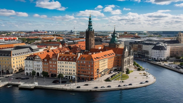 Vue aérienne d'un magnifique paysage urbain avec des bâtiments historiques par une journée ensoleillée à Copenhague, au Danemark