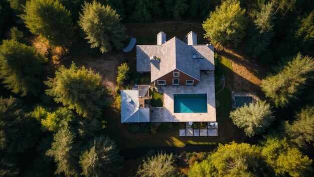Vue aérienne d'une maison entourée d'arbres