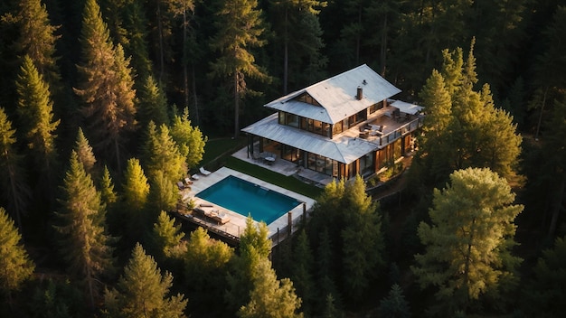 Vue aérienne d'une maison entourée de bois