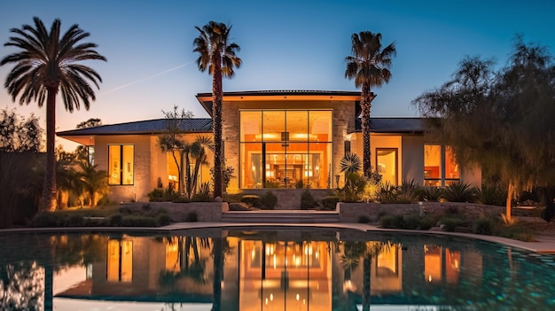 vue aérienne d'une maison avec piscine et palmiers ai générative