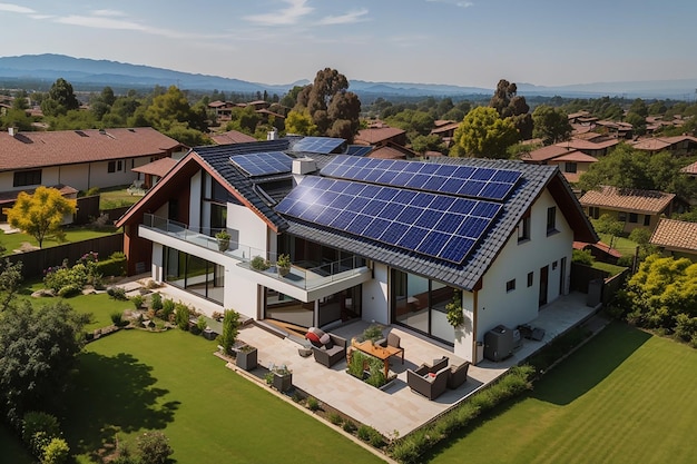 Vue aérienne d'une maison privée avec des panneaux solaires sur le toit