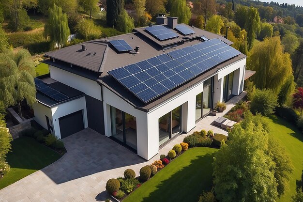 Vue aérienne d'une maison privée avec des panneaux solaires sur le toit