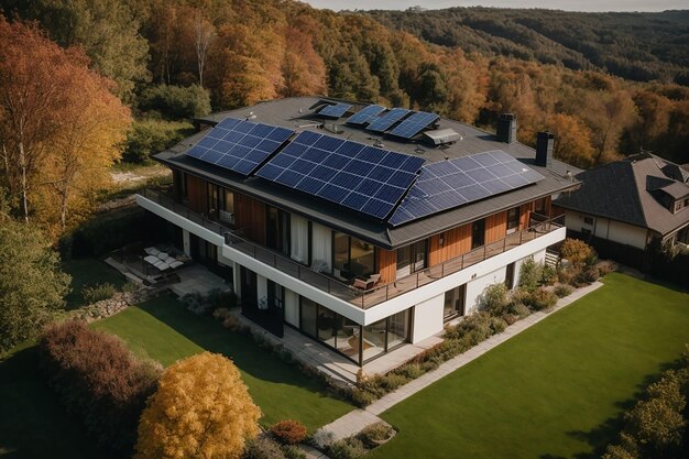 Vue aérienne d'une maison privée avec des panneaux solaires sur le toit