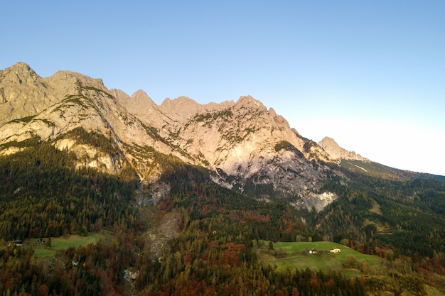 Vue aérienne des majestueuses montagnes des Alpes européennes couvertes de forêts de pins à feuilles persistantes en automne.