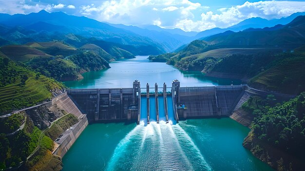 Photo vue aérienne d'un majestueux barrage hydroélectrique avec des eaux bleues et des déversoirs ouverts dans un paysage montagneux infrastructure de sources d'énergie renouvelables ai