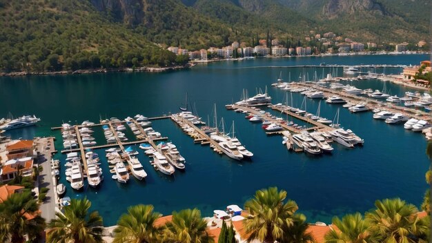 Photo vue aérienne de la marina avec des yachts dans la baie tropicale