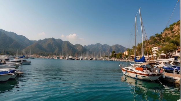 Photo vue aérienne de la marina avec des yachts dans la baie tropicale