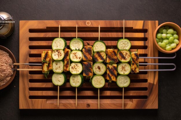 Photo vue aérienne des marques de gril de courgettes en planches de cèdre créées avec une ia générative