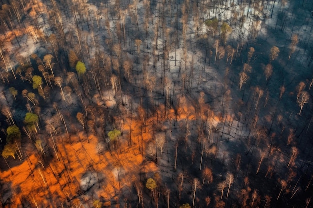 Photo vue aérienne des modèles de repousse à travers la forêt brûlée créée avec l'ia générative