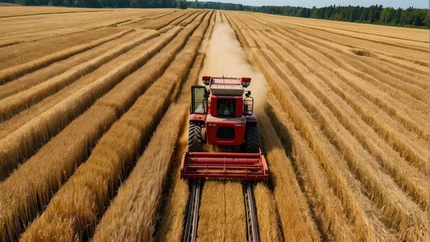 Vue aérienne d'une moissonneuse sur un champ de blé