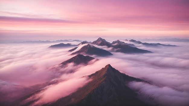 Photo vue aérienne d'une montagne couverte de brouillard sous le beau ciel rose