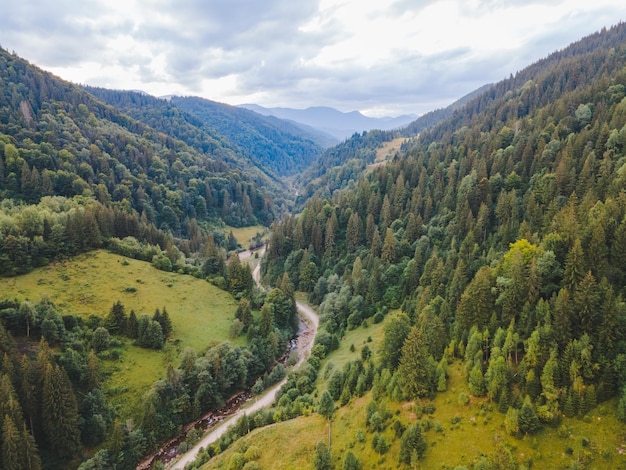 Vue aérienne des montagnes des carpates avec l'heure d'été de la rivière