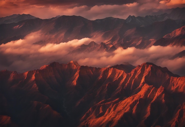 Vue aérienne des montagnes dans les nuages au coucher du soleil