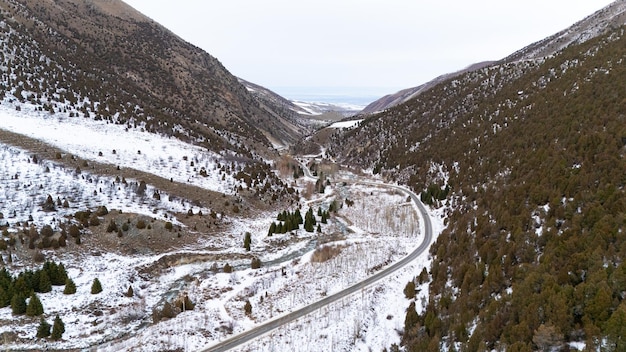 Photo vue aérienne des montagnes enneigées et des sapins dans le parc d'hiver