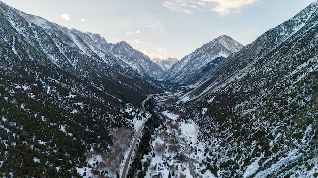 Photo vue aérienne des montagnes enneigées et des sapins dans le parc d'hiver