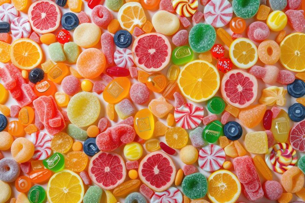 Une vue aérienne d'une mosaïque hypnotisante de bonbons colorés créant une toile de fond vibrante