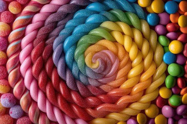 Une vue aérienne d'une mosaïque hypnotisante de bonbons colorés créant une toile de fond vibrante