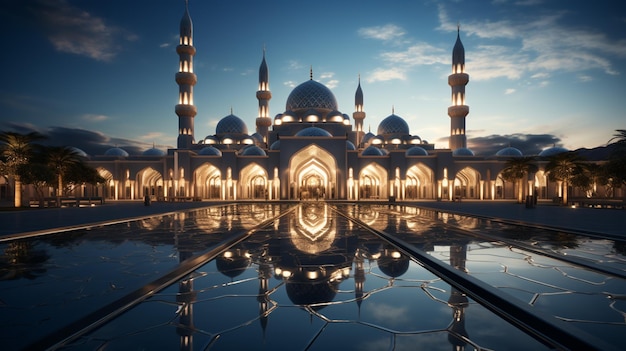 Vue aérienne d'une mosquée avec un reflet dans l'eau ai générative