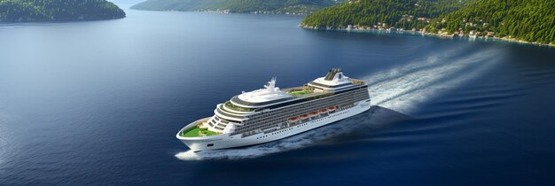 Photo vue aérienne d'un navire de croisière navigant à travers le pittoresque paysage maritime du sud avec des îles paradisiaques